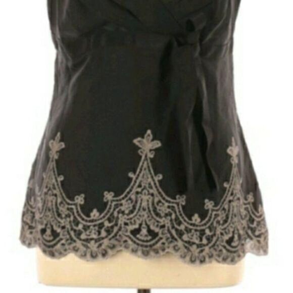 Loft Satin Surplice Empire Tie Back Scalloped Lace Scroll Cami Top Black Sz 12 - Picture 3 of 10